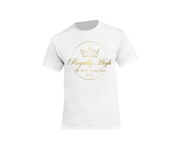 Royally High mens white t-shirt with large gold design