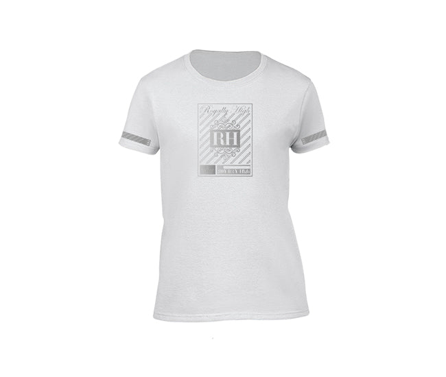 White streetwear T-shirt with silver rh crown design for ladies